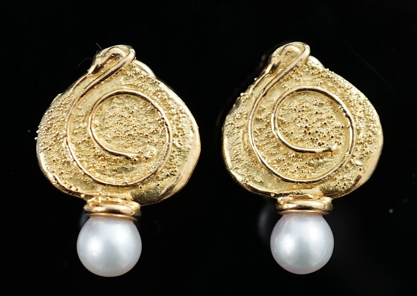 A pair of 1990's 18ct gold and cultured pearl set shiraz ear clips by Elizabeth Gage